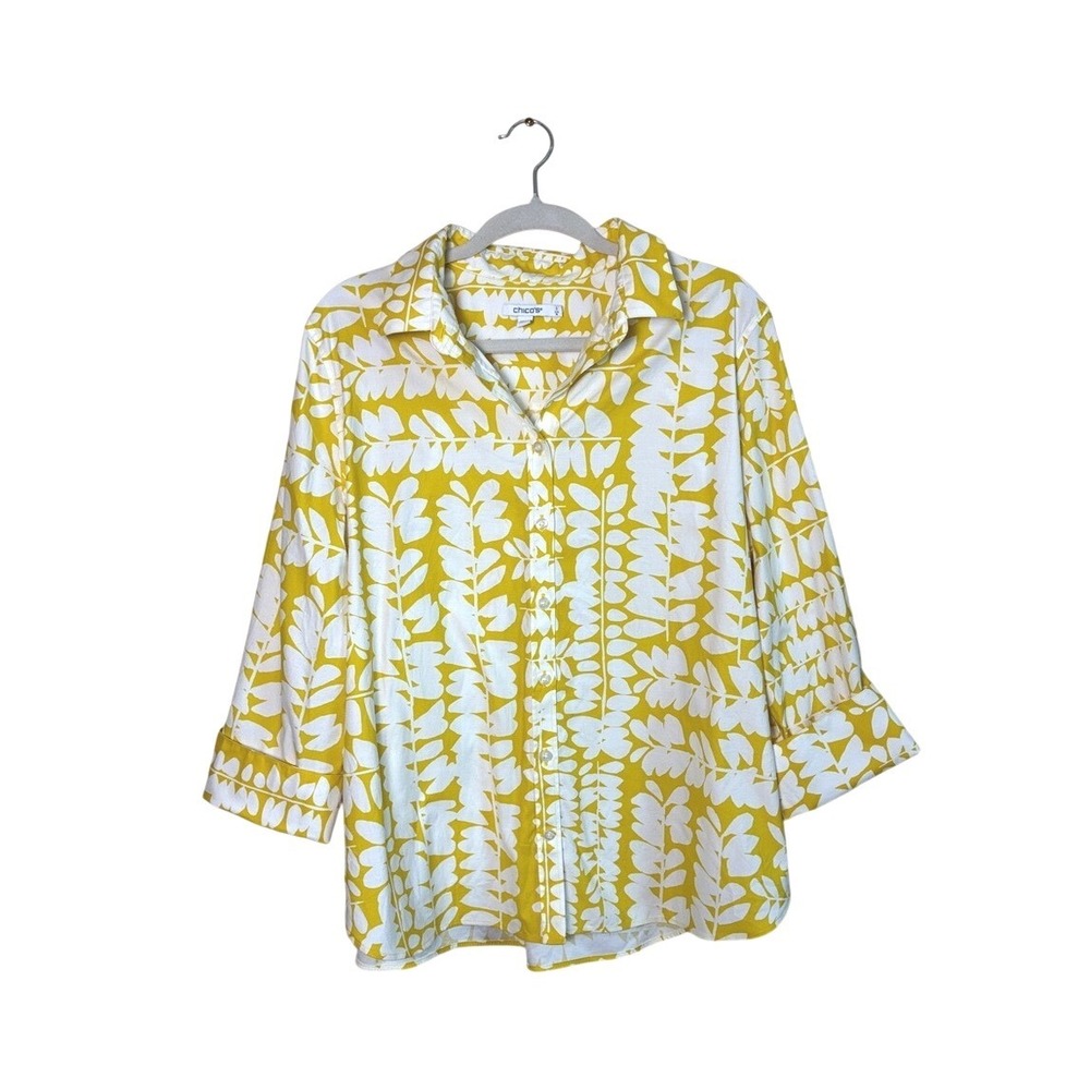 CHICO'S Size 3 US 16 Gold White Stretch Cotton Artsy Button Up Top Office